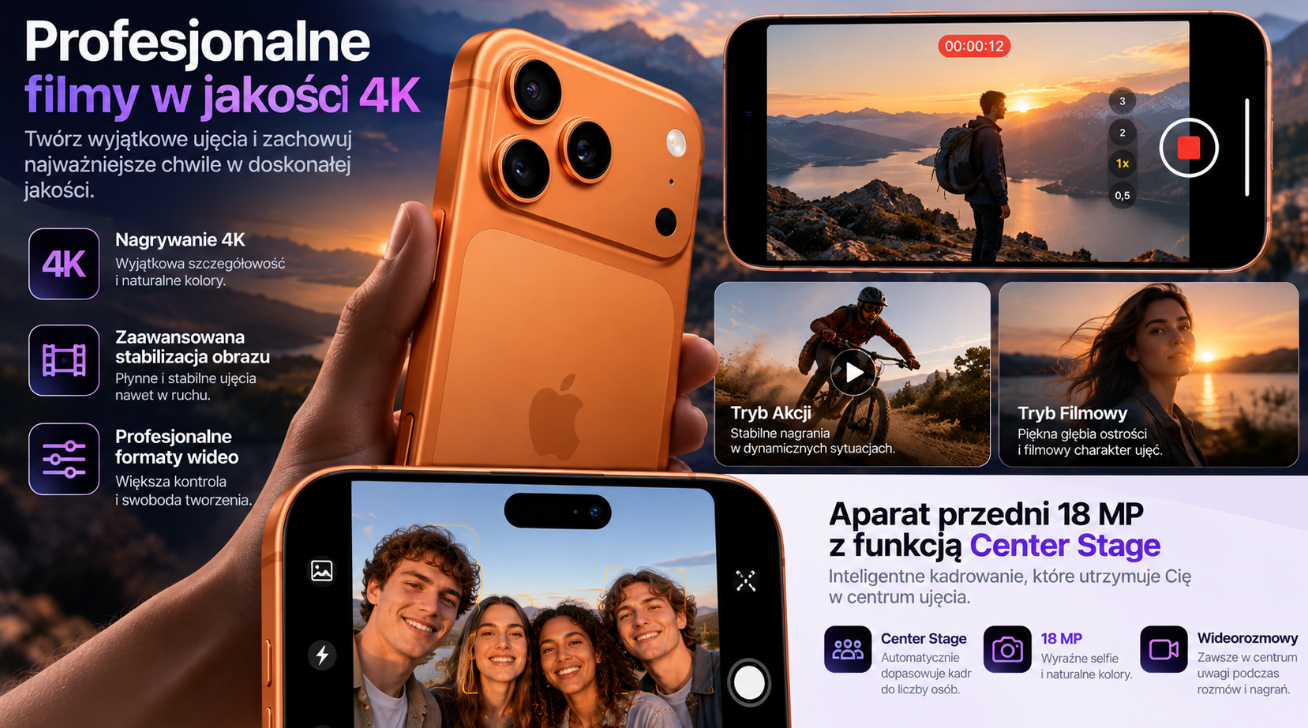 Apple iPhone 17 Pro – nagrywanie filmów 4K i aparat Center Stage 18 MP